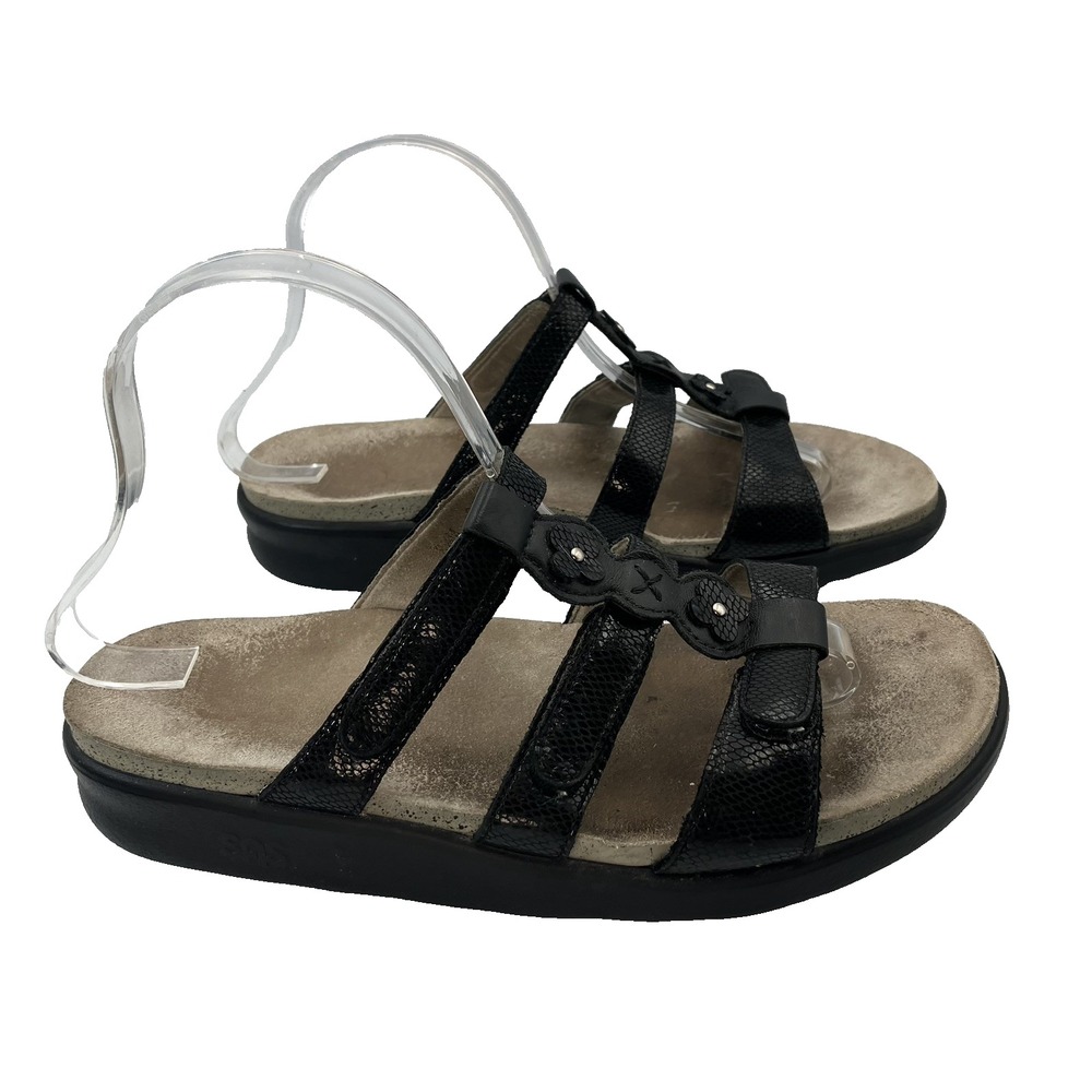 SAS NAPLES NERO SANDAL LEATHER STRAP SLIDE COMFORTABLE OPEN TOE SIZE 8.5 M BLACK